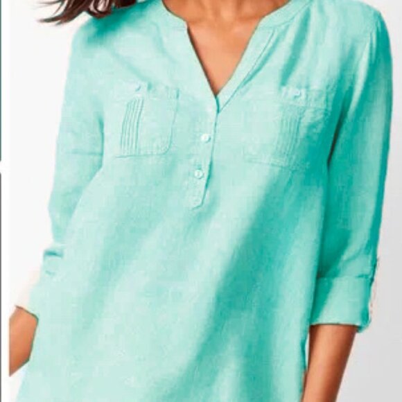 Talbots Linen Cross Dyed Tops Camp Shirt Long Roll Tab Sleeves V-Neckline - Picture 3 of 10